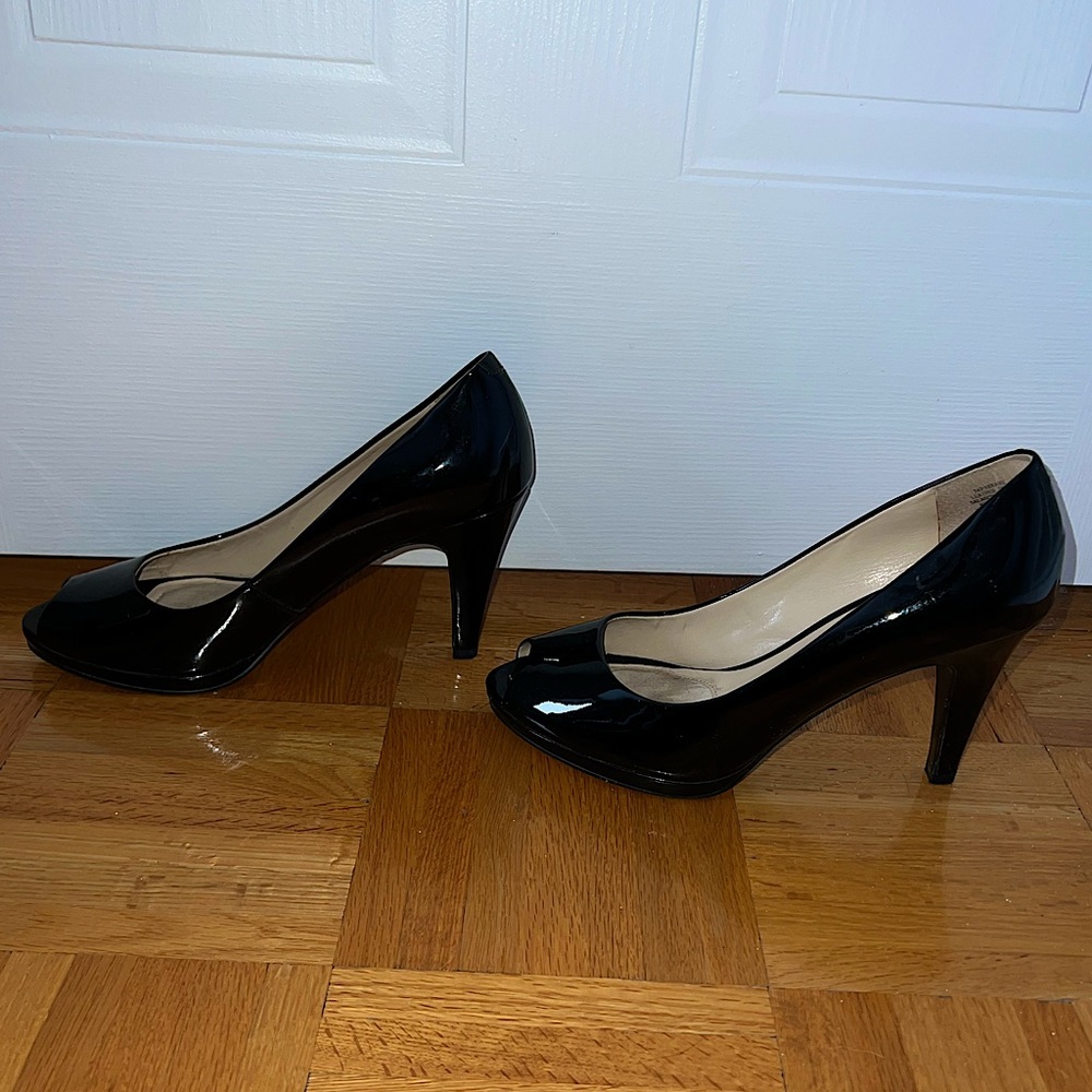Anne Klein glossy black open toe heels